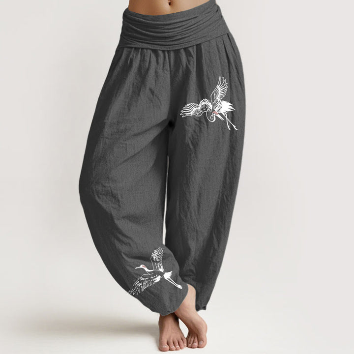 Damskie spodnie haremowe z elastyczną talią i bawełnianym wzorem w kształcie latających żurawi mandżurskich z Buddha Stones - DimGray - US22, UK/AU26, EU54 (6XL) - image 8