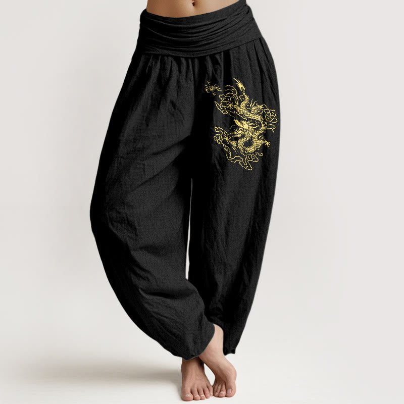 Damskie spodnie haremowe z elastyczną talią i nadrukiem w złote kamienie Buddha Stones ze smokiem - Czarny - US22, UK/AU26, EU54 (6XL) - image 0