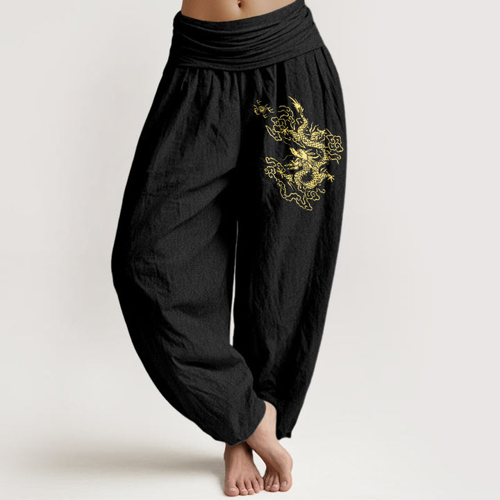 Damskie spodnie haremowe z elastyczną talią i nadrukiem w złote kamienie Buddha Stones ze smokiem - Czarny - US22, UK/AU26, EU54 (6XL) - image 0