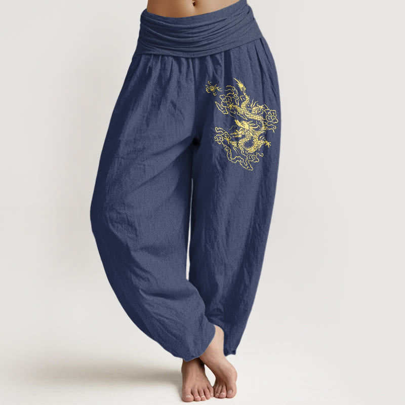 Damskie spodnie haremowe z elastyczną talią i nadrukiem w złote kamienie Buddha Stones ze smokiem - DarkSlateBlue - US22, UK/AU26, EU54 (6XL) - image 5