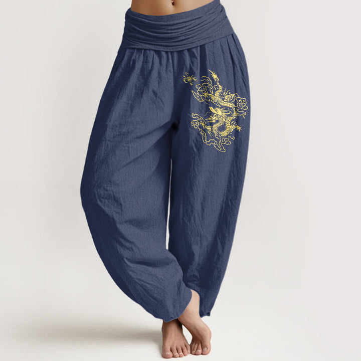 Damskie spodnie haremowe z elastyczną talią i nadrukiem w złote kamienie Buddha Stones ze smokiem - DarkSlateBlue - US22, UK/AU26, EU54 (6XL) - image 5