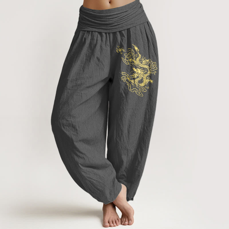 Damskie spodnie haremowe z elastyczną talią i nadrukiem w złote kamienie Buddha Stones ze smokiem - DimGray - US22, UK/AU26, EU54 (6XL) - image 8