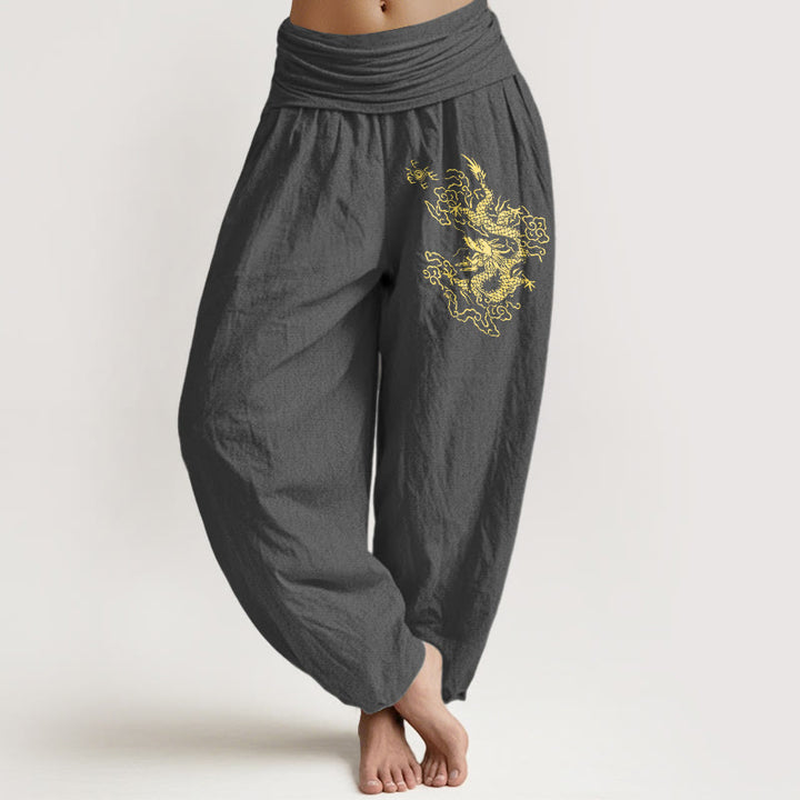 Damskie spodnie haremowe z elastyczną talią i nadrukiem w złote kamienie Buddha Stones ze smokiem - DimGray - US22, UK/AU26, EU54 (6XL) - image 8