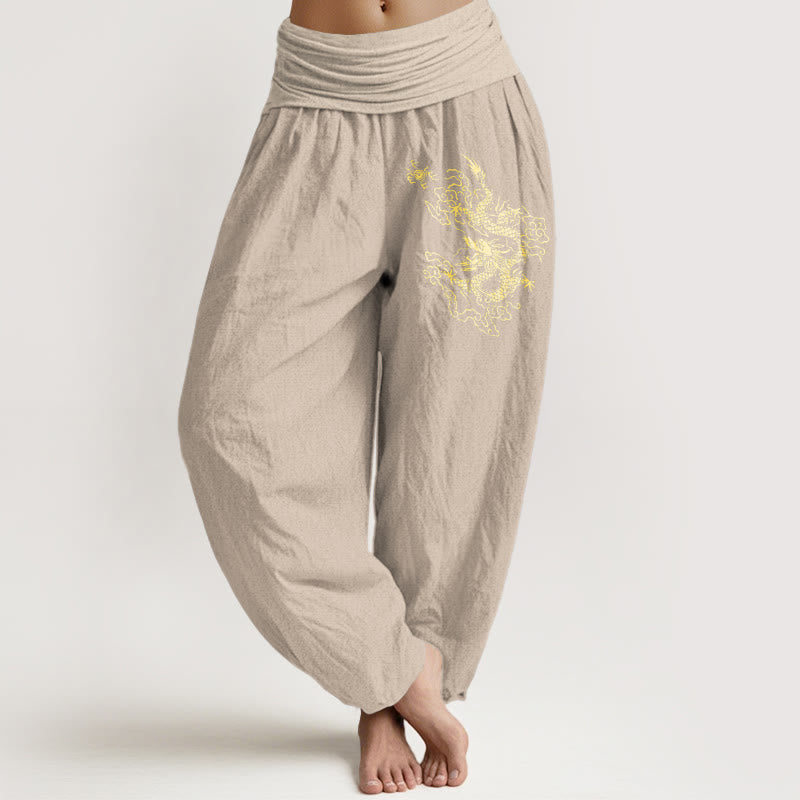 Damskie spodnie haremowe z elastyczną talią i nadrukiem w złote kamienie Buddha Stones ze smokiem - Dębnik - US22, UK/AU26, EU54 (6XL) - image 11