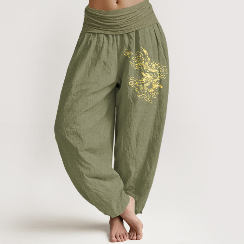 Damskie spodnie haremowe z elastyczną talią i nadrukiem w złote kamienie Buddha Stones ze smokiem - Oliwkowy - US22, UK/AU26, EU54 (6XL) - image 14