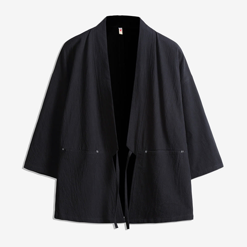 Męska kurtka kimono z jednokolorowymi sznurowanymi rękawami i odkrytym przodem, z motywem kamieni Buddha Stones - Czarny - US/UK/AU48， EU58(5XL) - image 2