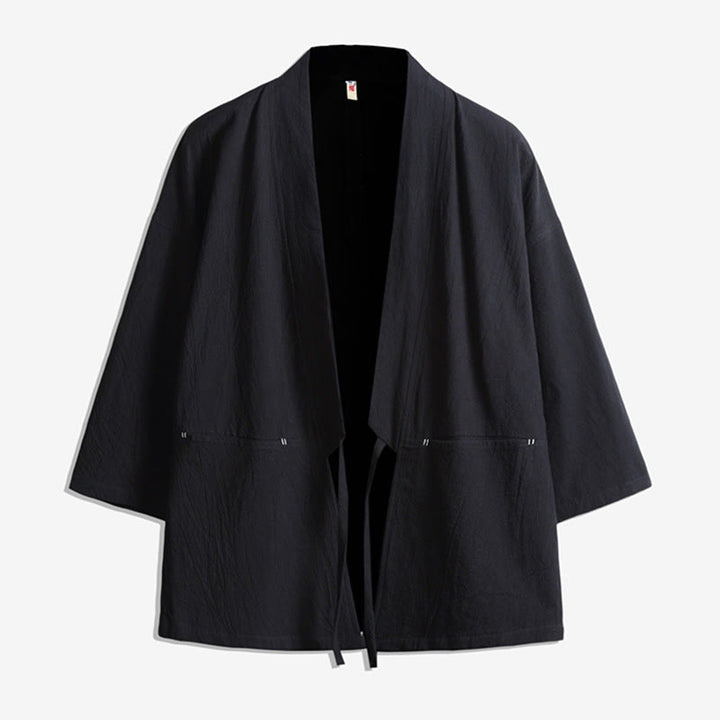 Męska kurtka kimono z jednokolorowymi sznurowanymi rękawami i odkrytym przodem, z motywem kamieni Buddha Stones - Czarny - US/UK/AU48， EU58(5XL) - image 2