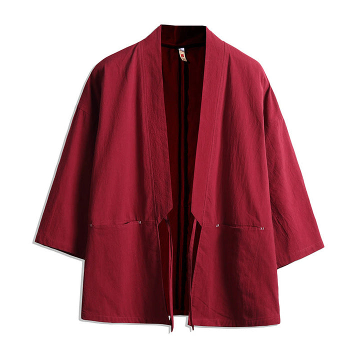 Męska kurtka kimono z jednokolorowymi sznurowanymi rękawami i odkrytym przodem, z motywem kamieni Buddha Stones - Czerwony - US/UK/AU48， EU58(5XL) - image 6