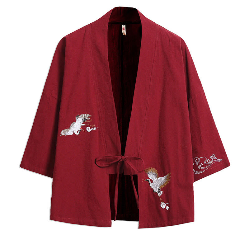 Buddha Stones Żuraw Pomyślne Chmury Haft Męskie Kimono Rękaw Trzy Czwarte - Czerwony - US/UK/AU46， EU56 (5XL) - image 4
