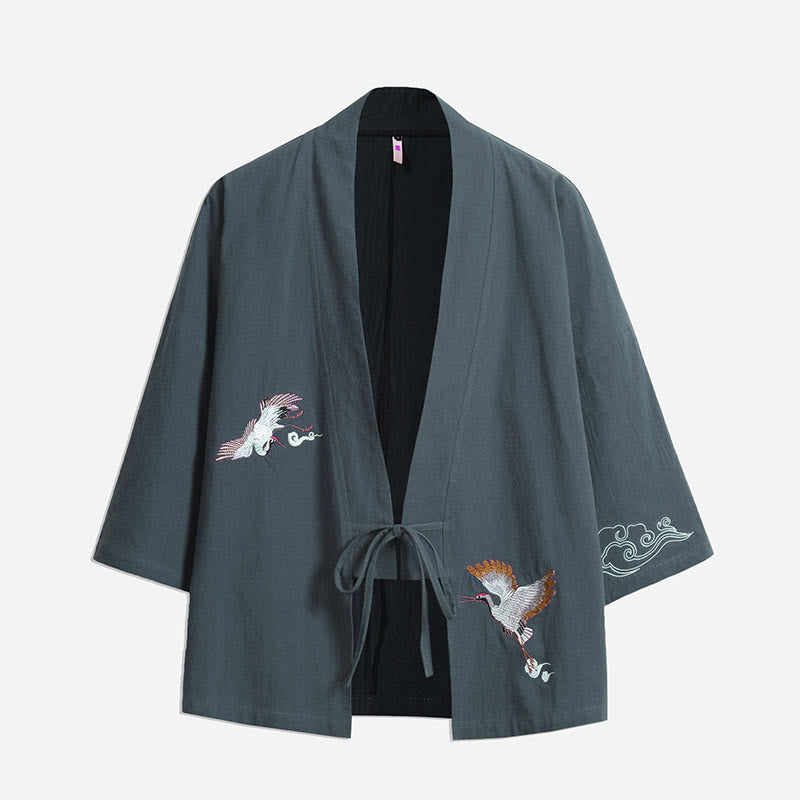 Buddha Stones Żuraw Pomyślne Chmury Haft Męskie Kimono Rękaw Trzy Czwarte - CadetBlue - US/UK/AU46， EU56 (5XL) - image 13