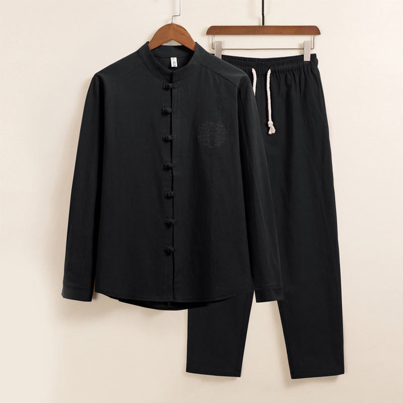 Buddha Stones, 2 szt., gładki męski komplet koszuli z długim rękawem i spodniami bawełnianymi z kieszeniami i żabką - Czarny - US/UK/AU46， EU56 (5XL) - image 0