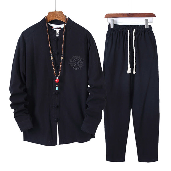 Buddha Stones, 2 szt., jednolity kolor, męski, bawełniany komplet koszuli z długim rękawem i spodniami, zapinany na guziki żaby, z kieszeniami - Czarny - US/UK/AU46， EU56 (5XL) - image 0