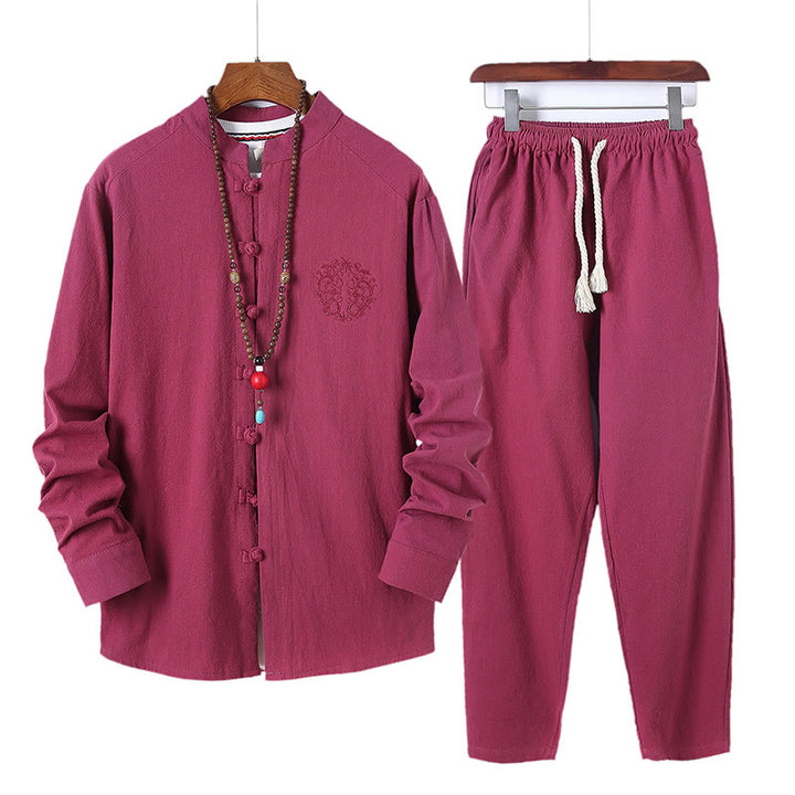 Buddha Stones, 2 szt., jednolity kolor, męski, bawełniany komplet koszuli z długim rękawem i spodniami, zapinany na guziki żaby, z kieszeniami - Cegła ogniotrwała - US/UK/AU46， EU56 (5XL) - image 29