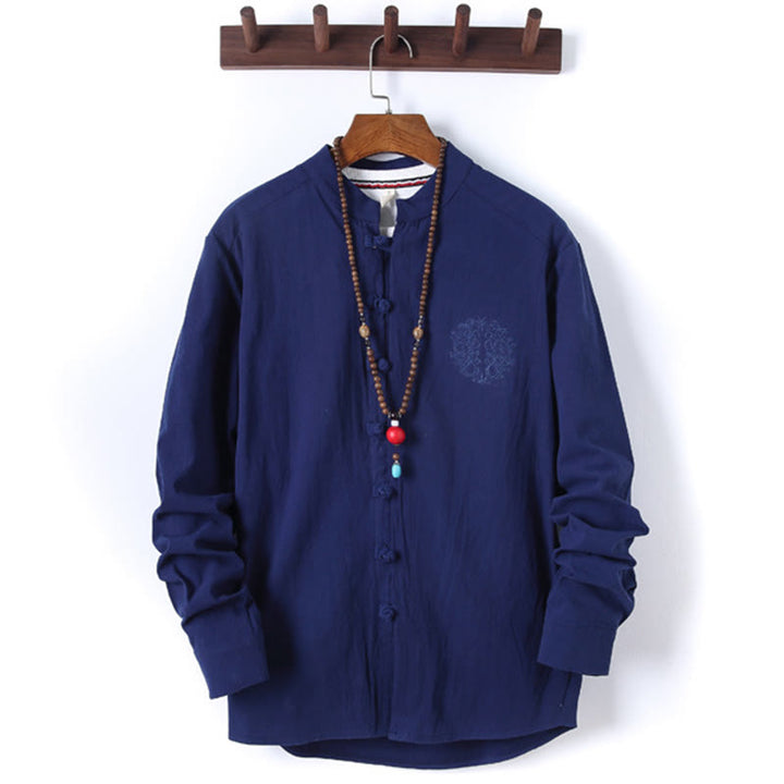 Buddha Stones, 2 szt., jednolity kolor, męski, bawełniany komplet koszuli z długim rękawem i spodniami, zapinany na guziki żaby, z kieszeniami - image 20