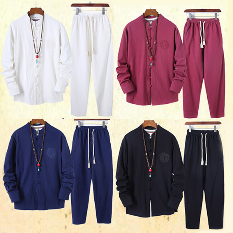 Buddha Stones, 2 szt., jednolity kolor, męski, bawełniany komplet koszuli z długim rękawem i spodniami, zapinany na guziki żaby, z kieszeniami - image 44