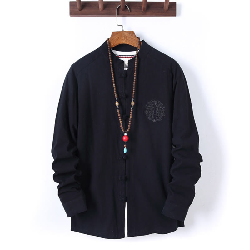 Buddha Stones, 2 szt., jednolity kolor, męski, bawełniany komplet koszuli z długim rękawem i spodniami, zapinany na guziki żaby, z kieszeniami - image 1