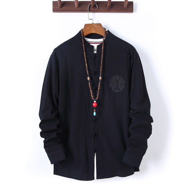 Buddha Stones, 2 szt., jednolity kolor, męski, bawełniany komplet koszuli z długim rękawem i spodniami, zapinany na guziki żaby, z kieszeniami - image 1