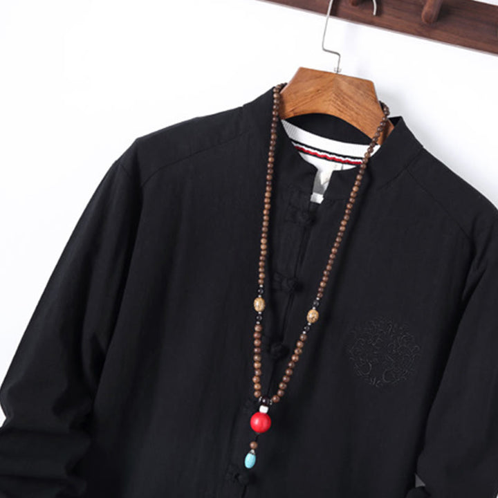 Buddha Stones, 2 szt., jednolity kolor, męski, bawełniany komplet koszuli z długim rękawem i spodniami, zapinany na guziki żaby, z kieszeniami - image 3