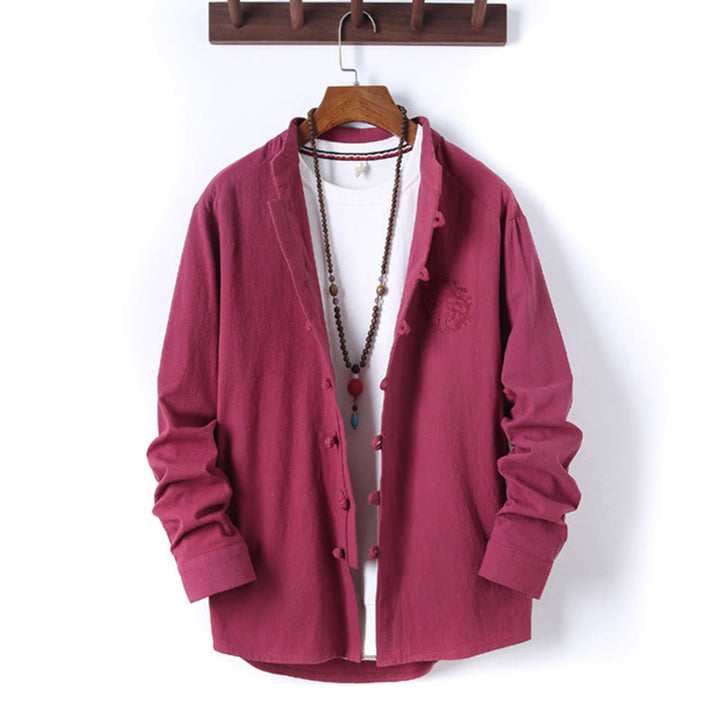 Buddha Stones, 2 szt., jednolity kolor, męski, bawełniany komplet koszuli z długim rękawem i spodniami, zapinany na guziki żaby, z kieszeniami - image 30