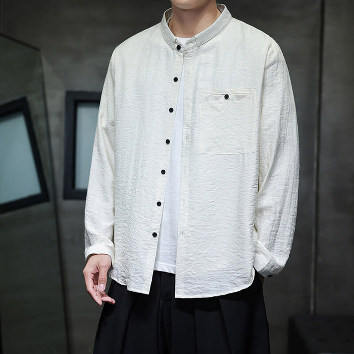 Koszula męska z długim rękawem i guzikami w jednolitym kolorze z Buddha Stones na wiosnę - Biały - US/UK/AU46， EU56 (5XL) - image 6