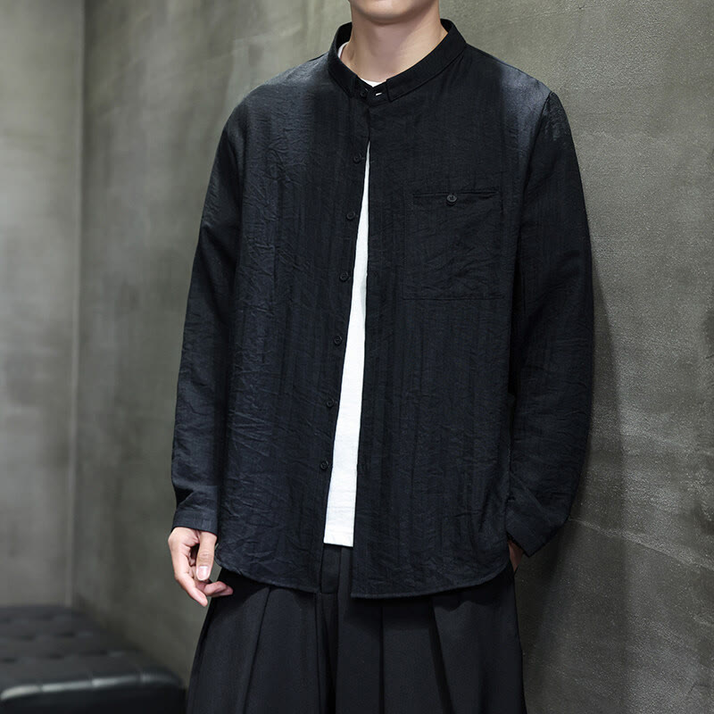 Koszula męska z długim rękawem i guzikami w jednolitym kolorze z Buddha Stones na wiosnę - image 2