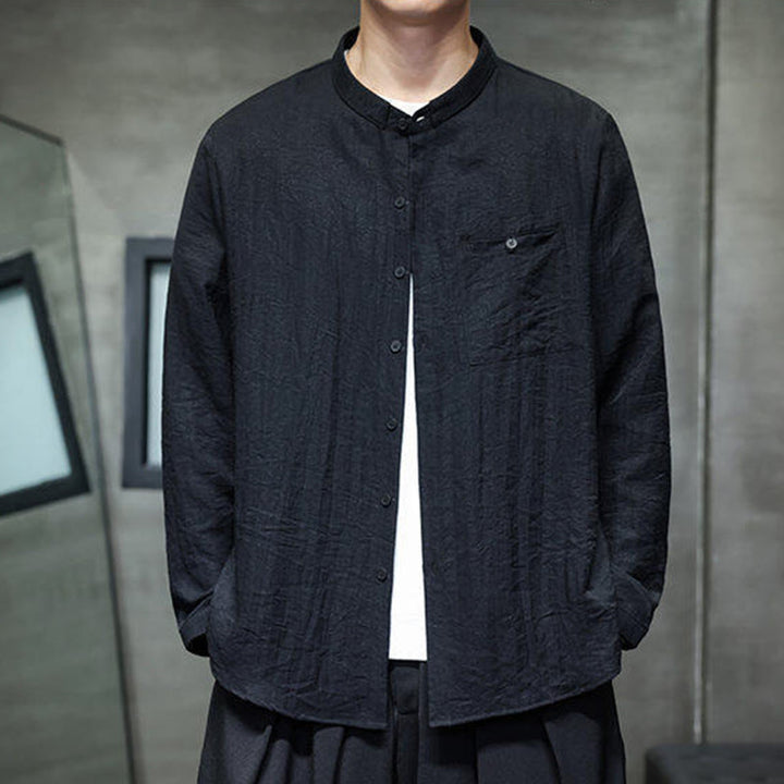 Koszula męska z długim rękawem i guzikami w jednolitym kolorze z Buddha Stones na wiosnę - image 3