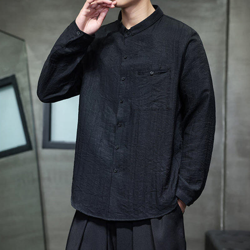 Koszula męska z długim rękawem i guzikami w jednolitym kolorze z Buddha Stones na wiosnę - image 5