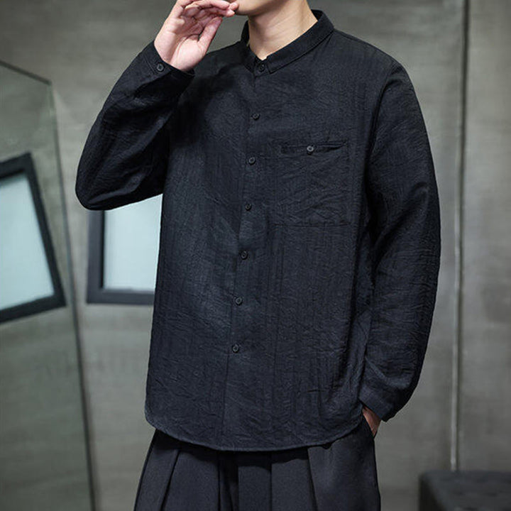 Koszula męska z długim rękawem i guzikami w jednolitym kolorze z Buddha Stones na wiosnę - image 5