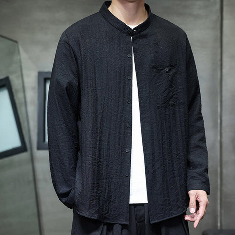 Koszula męska z długim rękawem i guzikami w jednolitym kolorze z Buddha Stones na wiosnę - Czarny - US/UK/AU46， EU56 (5XL) - image 0