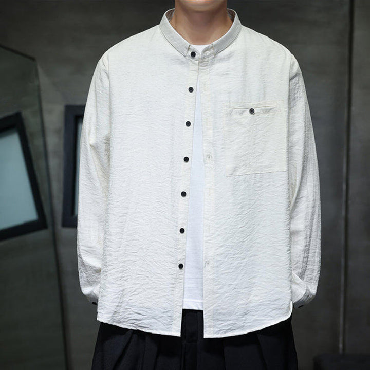 Koszula męska z długim rękawem i guzikami w jednolitym kolorze z Buddha Stones na wiosnę - image 12