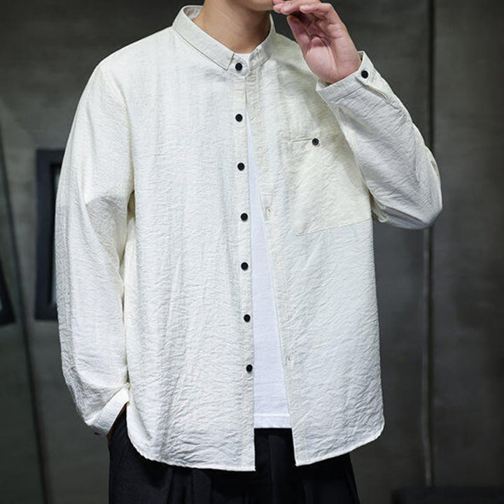 Koszula męska z długim rękawem i guzikami w jednolitym kolorze z Buddha Stones na wiosnę - image 8