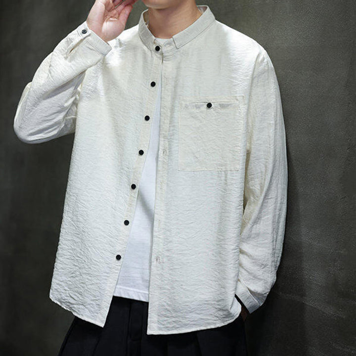 Koszula męska z długim rękawem i guzikami w jednolitym kolorze z Buddha Stones na wiosnę - image 14