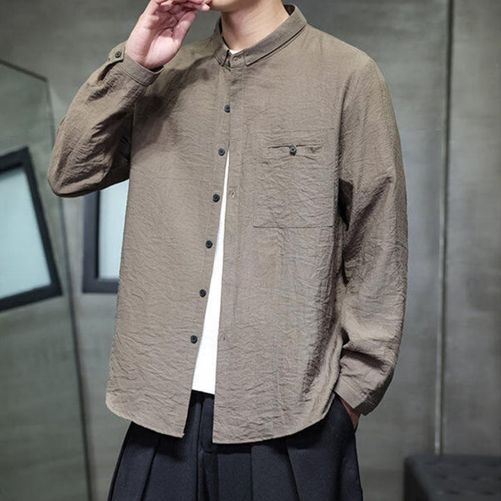 Koszula męska z długim rękawem i guzikami w jednolitym kolorze z Buddha Stones na wiosnę - image 20