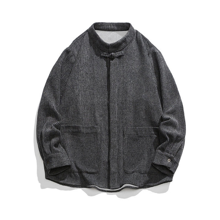 Kurtka męska z bawełnianego sztruksu z długimi rękawami i kieszeniami, w jednolitym kolorze, z żabim guzikiem i Buddha Stones - image 21