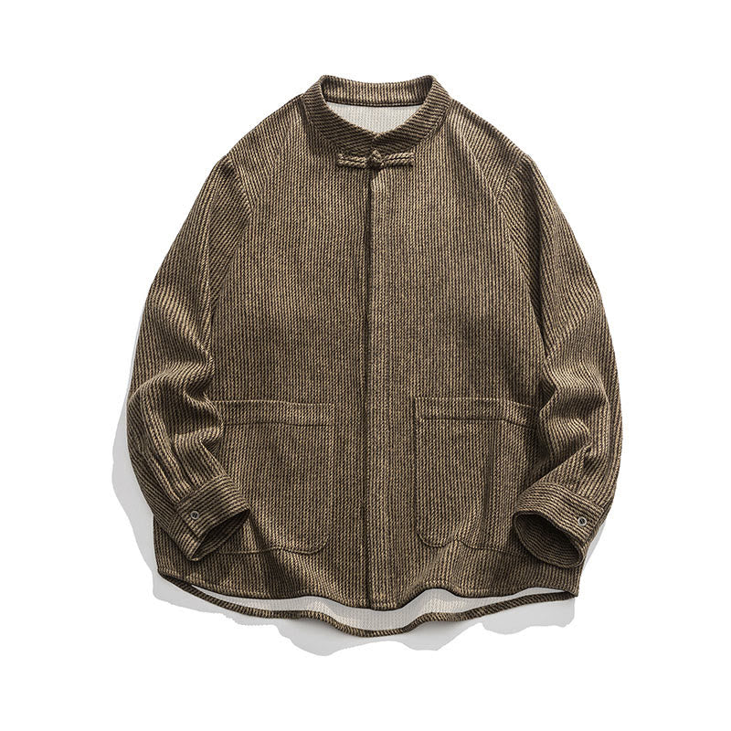 Kurtka męska z bawełnianego sztruksu z długimi rękawami i kieszeniami, w jednolitym kolorze, z żabim guzikiem i Buddha Stones - image 9