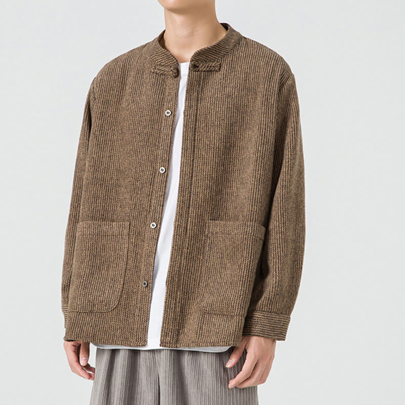 Kurtka męska z bawełnianego sztruksu z długimi rękawami i kieszeniami, w jednolitym kolorze, z żabim guzikiem i Buddha Stones - image 5