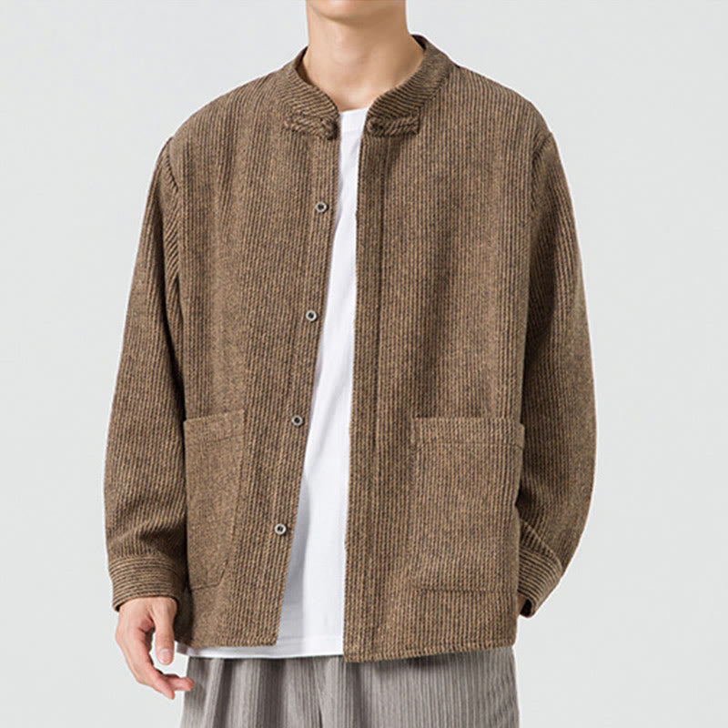 Kurtka męska z bawełnianego sztruksu z długimi rękawami i kieszeniami, w jednolitym kolorze, z żabim guzikiem i Buddha Stones - image 3