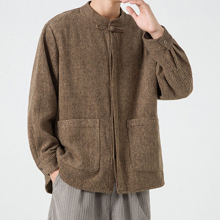 Kurtka męska z bawełnianego sztruksu z długimi rękawami i kieszeniami, w jednolitym kolorze, z żabim guzikiem i Buddha Stones - image 7