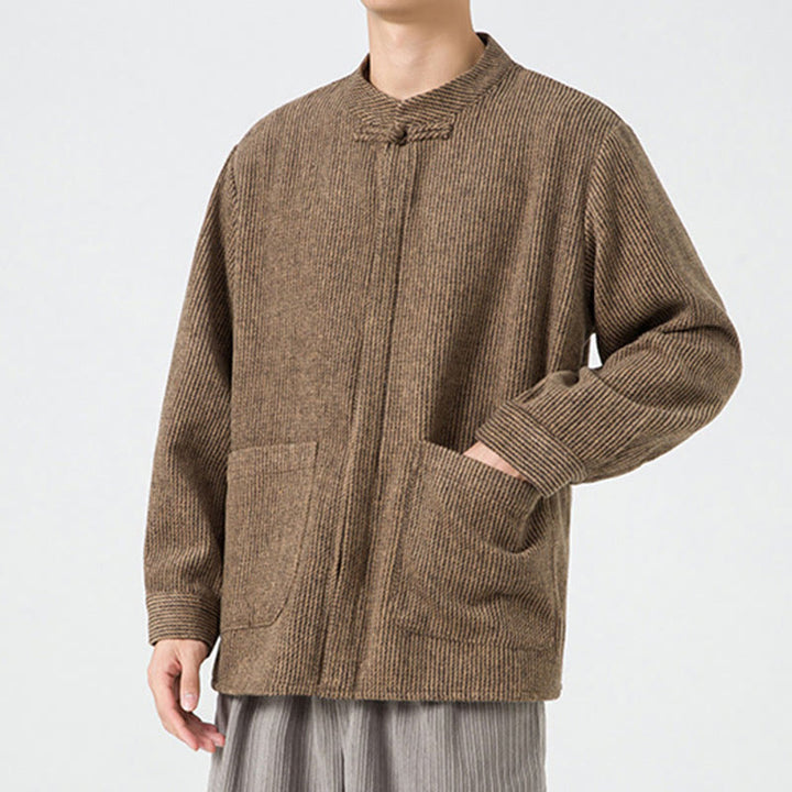 Kurtka męska z bawełnianego sztruksu z długimi rękawami i kieszeniami, w jednolitym kolorze, z żabim guzikiem i Buddha Stones - image 6