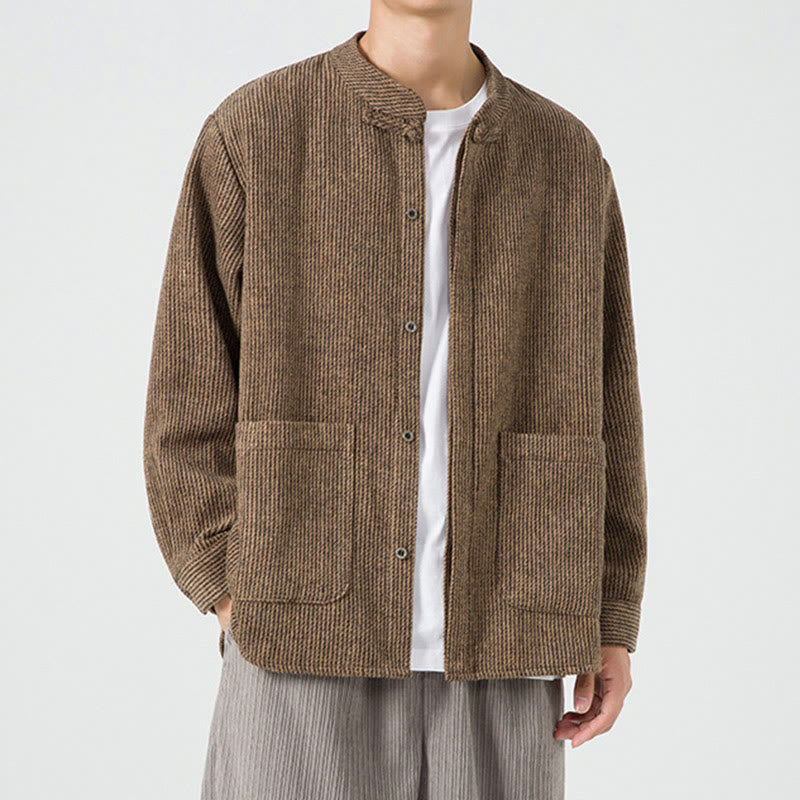 Kurtka męska z bawełnianego sztruksu z długimi rękawami i kieszeniami, w jednolitym kolorze, z żabim guzikiem i Buddha Stones - image 1