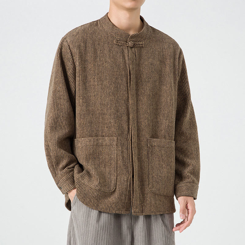 Kurtka męska z bawełnianego sztruksu z długimi rękawami i kieszeniami, w jednolitym kolorze, z żabim guzikiem i Buddha Stones - image 2