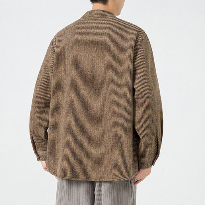 Kurtka męska z bawełnianego sztruksu z długimi rękawami i kieszeniami, w jednolitym kolorze, z żabim guzikiem i Buddha Stones - image 4