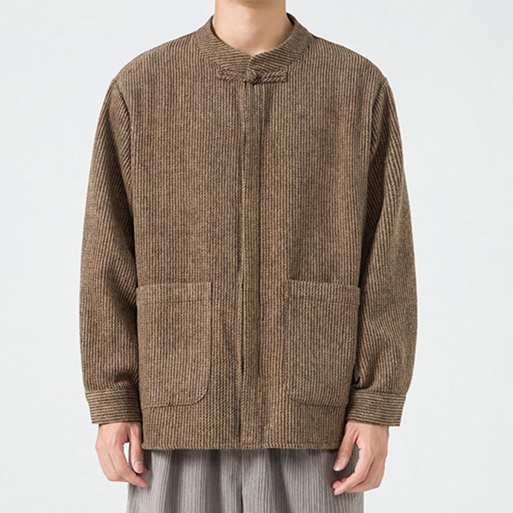 Kurtka męska z bawełnianego sztruksu z długimi rękawami i kieszeniami, w jednolitym kolorze, z żabim guzikiem i Buddha Stones - image 8