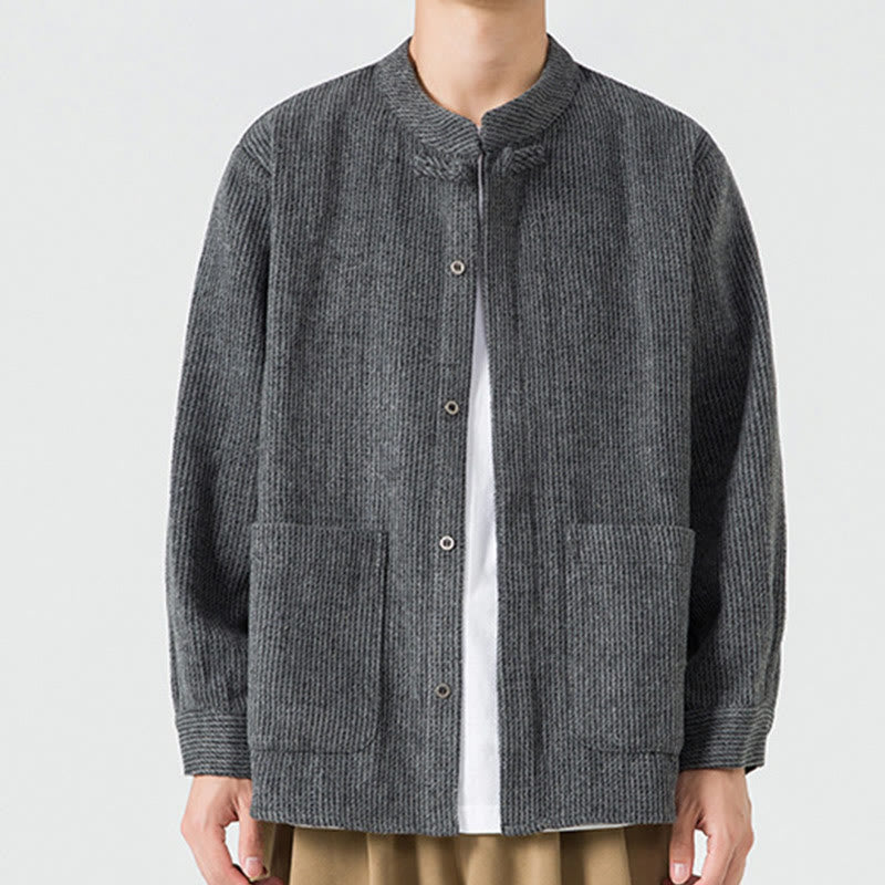 Kurtka męska z bawełnianego sztruksu z długimi rękawami i kieszeniami, w jednolitym kolorze, z żabim guzikiem i Buddha Stones - Czarny - US/UK/AU48， EU58(5XL) - image 10