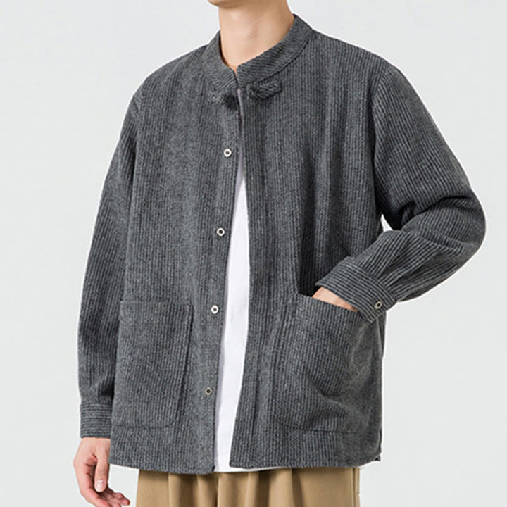 Kurtka męska z bawełnianego sztruksu z długimi rękawami i kieszeniami, w jednolitym kolorze, z żabim guzikiem i Buddha Stones - image 11