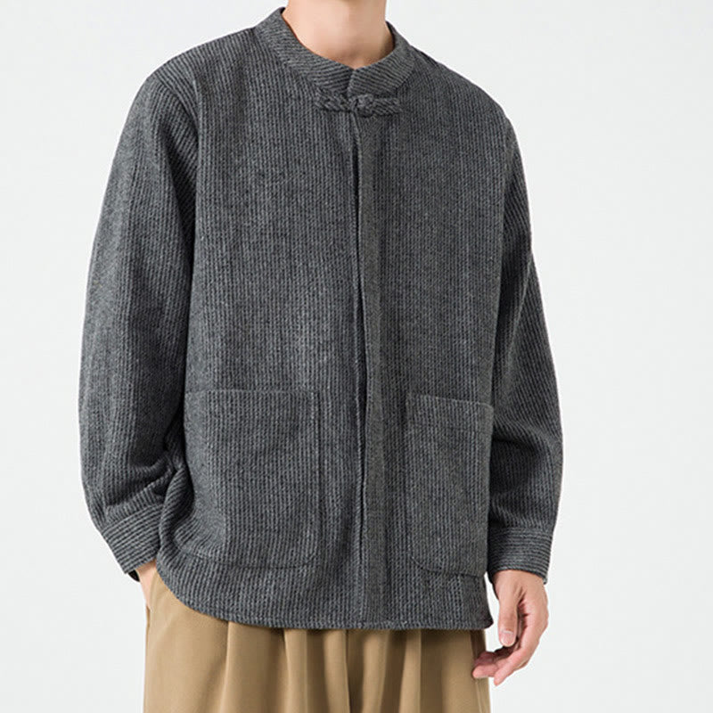 Kurtka męska z bawełnianego sztruksu z długimi rękawami i kieszeniami, w jednolitym kolorze, z żabim guzikiem i Buddha Stones - image 13