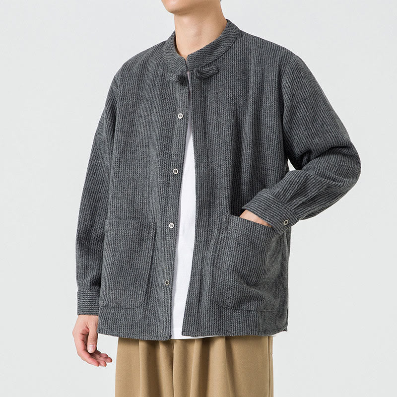 Kurtka męska z bawełnianego sztruksu z długimi rękawami i kieszeniami, w jednolitym kolorze, z żabim guzikiem i Buddha Stones - image 17