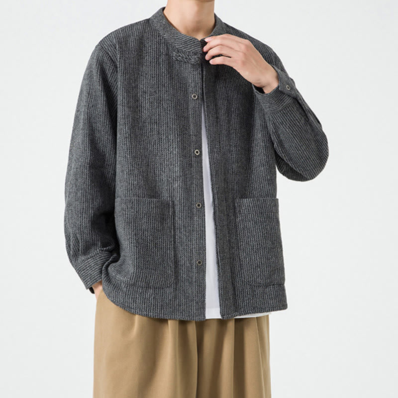 Kurtka męska z bawełnianego sztruksu z długimi rękawami i kieszeniami, w jednolitym kolorze, z żabim guzikiem i Buddha Stones - image 18