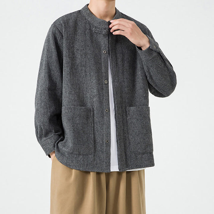 Kurtka męska z bawełnianego sztruksu z długimi rękawami i kieszeniami, w jednolitym kolorze, z żabim guzikiem i Buddha Stones - image 18