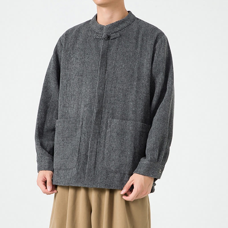 Kurtka męska z bawełnianego sztruksu z długimi rękawami i kieszeniami, w jednolitym kolorze, z żabim guzikiem i Buddha Stones - image 16